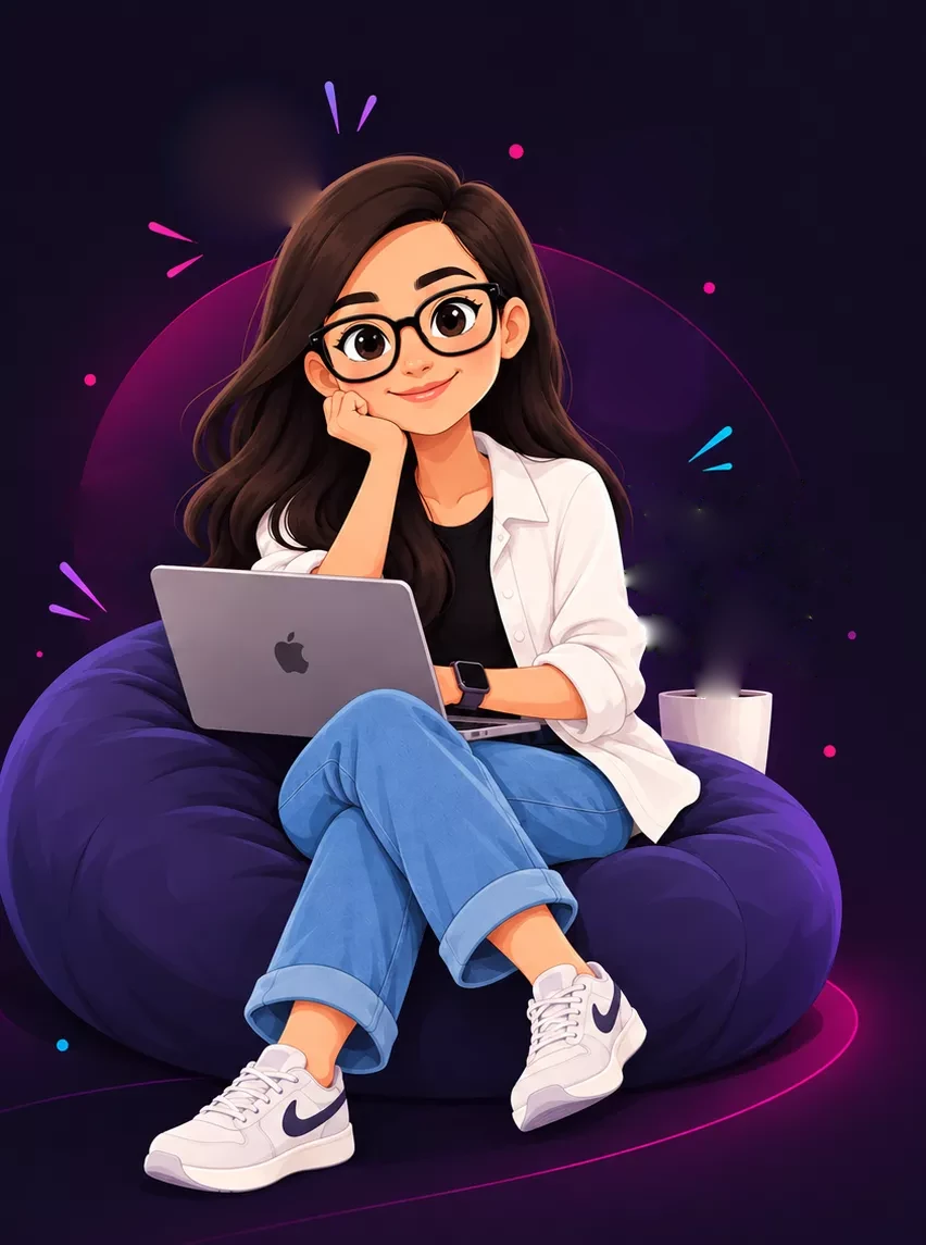 Illustration of Pallavi sitting on a bean bag with her laptop, surrounded by Canva, Instagram, analytics and like icons
