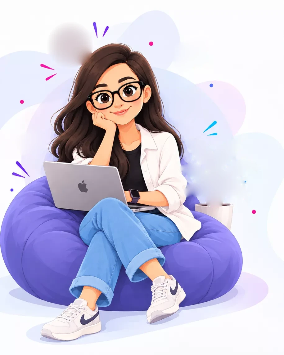 Illustration of Pallavi sitting on a bean bag with her laptop, surrounded by Canva, Instagram, analytics and like icons